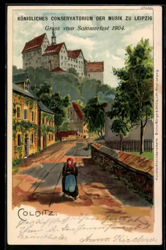 Lithographie Colditz, Strassenpartie zum Schloss