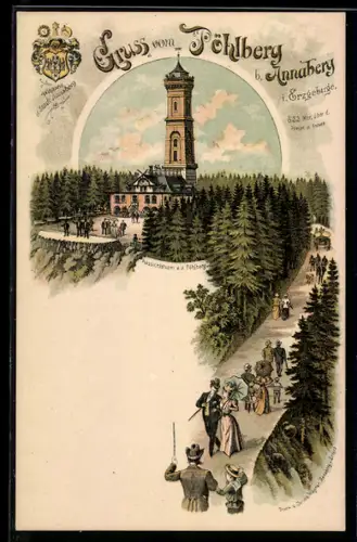 Lithographie Annaberg, Aussichtsturm auf dem Pöhlberg, Wanderer auf dem Weg zum Gipfel