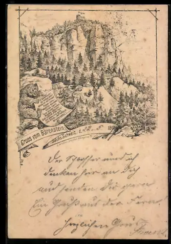 Lithographie Bärenstein /Sächs. Schweiz, Ansicht vom Bärenstein mit Warte auf dem Gipfel