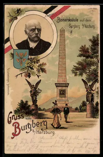 AK Harzburg, Bismarcksäule auf dem Burgberg, Portrait Fürst Bismarck