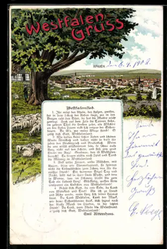 Lithographie Hagen, Gesamtansicht, Westfalenlied
