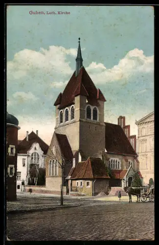 AK Guben, Strassenpartie an der Luth. Kirche