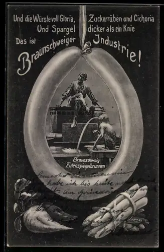 AK Braunschweig, Eulenspiegelbrunnen, Zuckerrübe, Spargel und Wurst, Braunschweiger Industrie