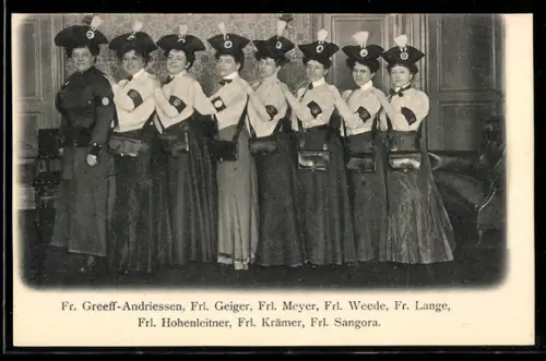 AK Frankfurt a. M., Grosses Reiterfest im Hippodrom 1906, Frauengruppe Frl. Geiger, Frl. Meyer, Frl. Weede, Fr. Lange