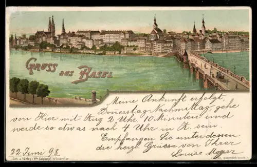 Lithographie Basel, Ortsansicht mit Brücke