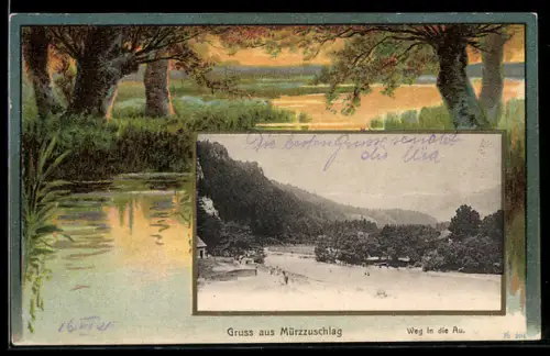 AK Mürzzuschlag, Weg in die Au, Landschaftsmotiv im Abendlicht
