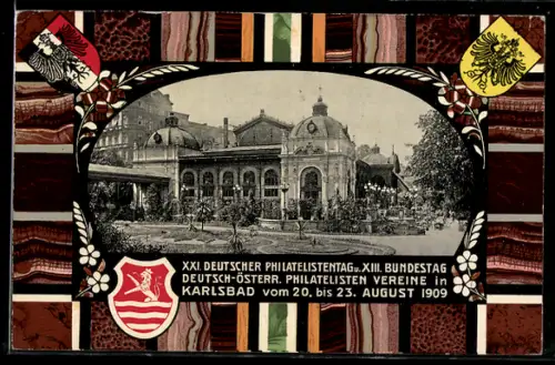 AK Karlsbad, XXI. Deutscher Philatelistentag 1909, Restaurant im Kurpark, Wappen