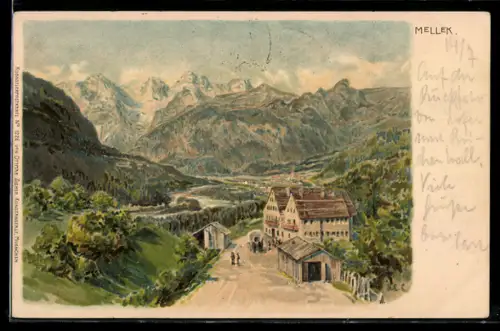 Künstler-AK Edward Theodore Compton: Schneizlreuth, Melleck, Ortspartie mit Bergen