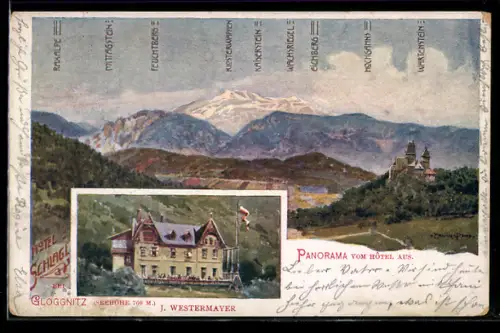 AK Gloggnitz, Hotel Schlagl, Panorama mit Gebirgen