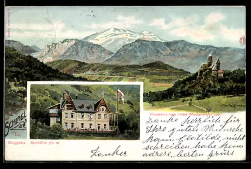 Künstler-AK Erwin Pendl: Gloggnitz, Hotel Schlagl, Panorama vom Hotel Westermayer aus
