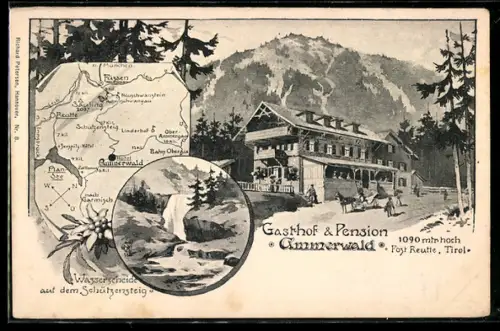 Lithographie Ammerwald, Gasthaus & Pension, Wasserscheide