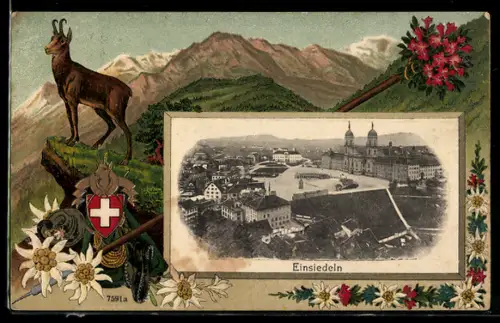 AK Einsiedeln, Teilansicht mit Kirche, Gämse und Edelweiss