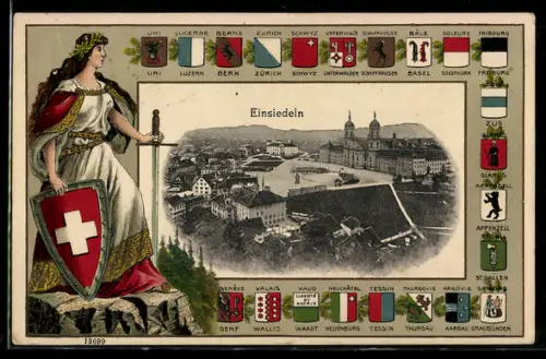 AK Einsiedeln, Gesamtansicht, Wappen und Helvetia