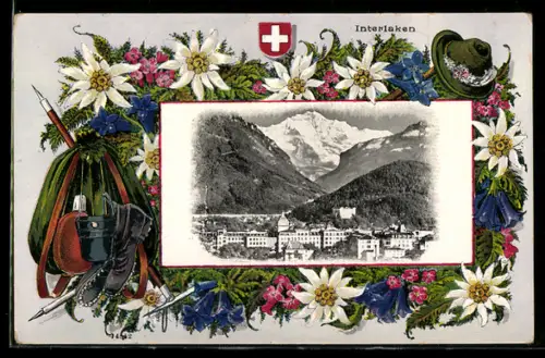 Passepartout-Lithographie Interlaken, Panorama mit Stadt und Jungfrau, gerahmt von Alpenblumen