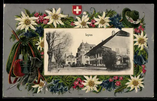 AK Lyss, Strassenpartie mit Gasthof, Wappen, Edelweiss und Enzian