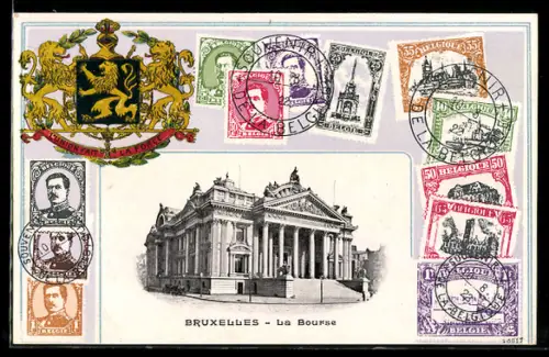 AK Brüssel / Bruxelles, La Bourse, Belgische Briefmarken, Wappen