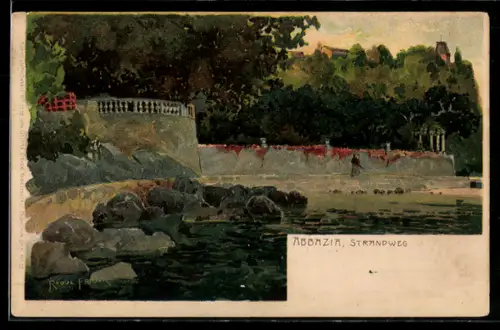 Künstler-AK Raoul Frank: Abbazia, Strasse Strandweg mit zwei Frauen