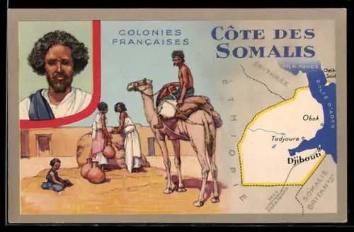 AK Djibouti, Landkarte der Region, Ureinwohner auf einem Kamel