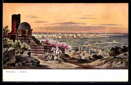 Künstler-AK F.Perlberg: Damaskus, Männer vor dem Ort