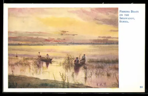 Künstler-AK Burma, Fishing boats on the Irrawaddy