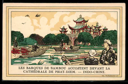 AK Phat-Diem, Les Barques de Bambou accostent devant la Cathédrale, Missionar