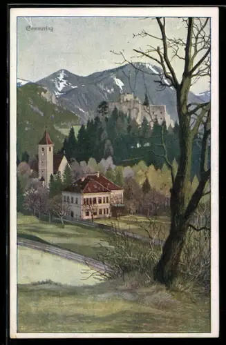 Künstler-AK Semmering, Teilansicht mit Kirche und Burg