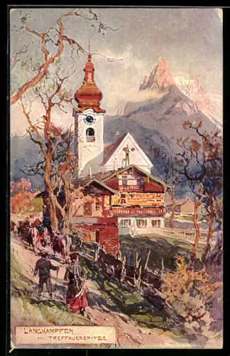 Künstler-AK Edward Harrison Compton: Langkampfen, Wanderer an der Kirche mit Blick zur Treffauerspitze