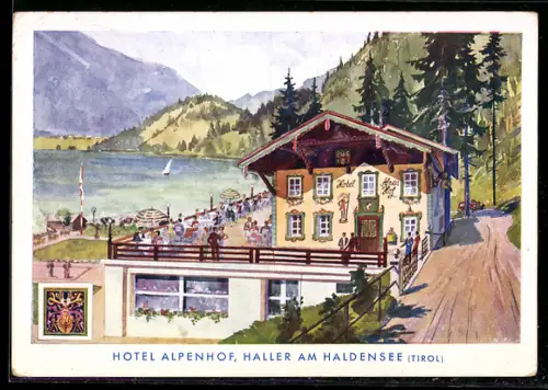 Künstler-AK Nesselwängle, Haller am Haldensee, Hotel Alpenhof mit Gästen