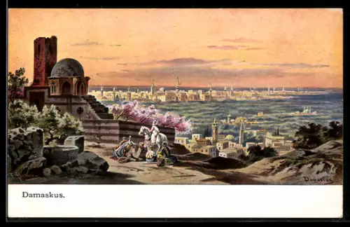 Künstler-AK F.Perlberg: Damaskus, Männer vor dem Ort