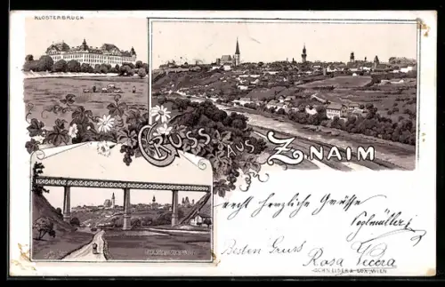 Lithographie Znaim, Klosterbruck, Thaya Viaduct, Totalansicht mit Kirche