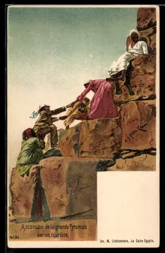 Lithographie Gizeh, Touristen besteigen die grosse Pyramide, Karrikatur