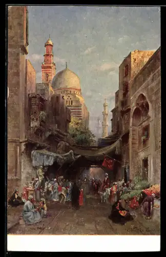 Künstler-AK Cairo, Strassenpartie mit Einheimischen