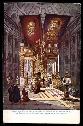 Künstler-AK Friedrich Perlberg: Jerusalem, Inneres der Kirche des heiligen Grabes, Church of the Holy Sepulchre
