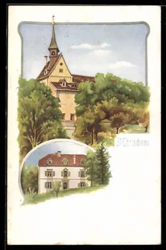 Lithographie St. Chrischona, Blick auf die Kirche, Ortspartie