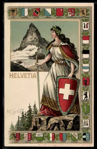 AK Schweiz, Helvetia, Wappen der Kantone, Matterhorn