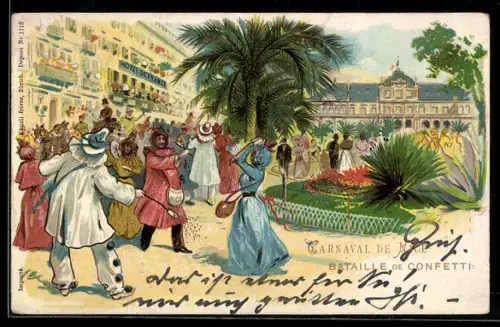 Lithographie Nice, Carnaval, Bataille de Confetti, Karnevalisten werfen mit Konfetti, Fasching
