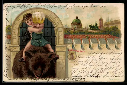 Lithographie Berlin, Knabe reitet einen Bären, Stadtwappen