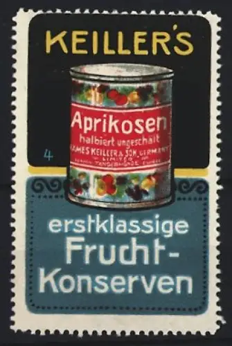 Reklamemarke Keiller`s, Erstklassige Frucht-Konserven, Aprikosenkonserve