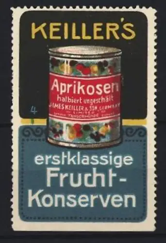 Reklamemarke Keiller`s, Erstklassige Frucht-Konserven, Aprikosen-Dose