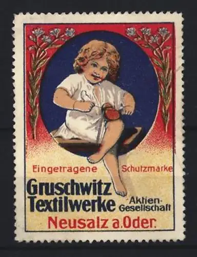 Reklamemarke Neusalz a. Oder, Gruschwitz Textilwerke AG, strickendes Kind