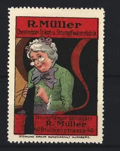 Reklamemarke Chemnitz, R. Müller Trikot- u. Strumpffabrik, Brückenstrasse 40, strickende Frau