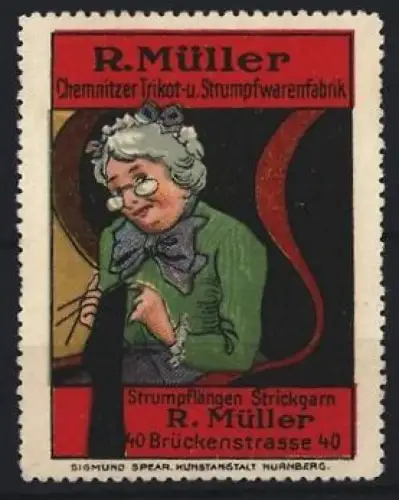 Reklamemarke Chemnitz, R. Müller Trikot- u. Strumpffabrik, Brückenstrasse 40, strickende Frau