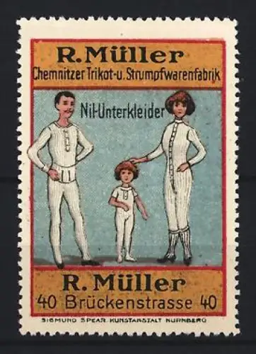 Reklamemarke Nürnberg, R. Müller Chemnitzer Trikot- u. Strumpfwarenfabrik, Nil-Unterkleider, Familie in Unterkleidern
