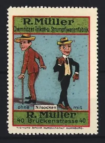 Reklamemarke Chemnitz, R. Müller Trikot- u. Strumpfwarenfabrik, Brückenstrasse 40, Nilsocken