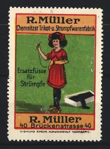 Reklamemarke Chemnitz, R. Müller Chemnitzer Trikot- u. Strumpfwarenfabrik, Ersatzfüsse für Strümpfe