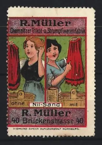 Reklamemarke Chemnitz, R. Müller Trikot- und Strumpfwarenfabrik, Nil-Sand, Frauen am Waschzuber