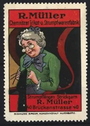 Reklamemarke Chemnitz, R. Müller Trikot- und Strumpfwarenfabrik, Brückenstrasse 40, strickende Frau