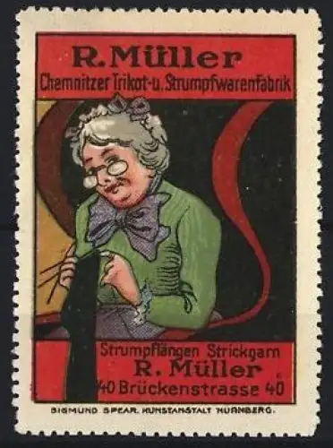 Reklamemarke Chemnitz, R. Müller Strumpf- und Trikotwarenfabrik, Brückenstrasse 40, strickende Dame