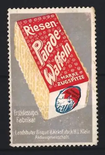 Reklamemarke Landshut, Riesen-Parade-Waffeln, Landshuter Bisquit- und Keksfabrik H. L. Klein, Zugspitze-Marke