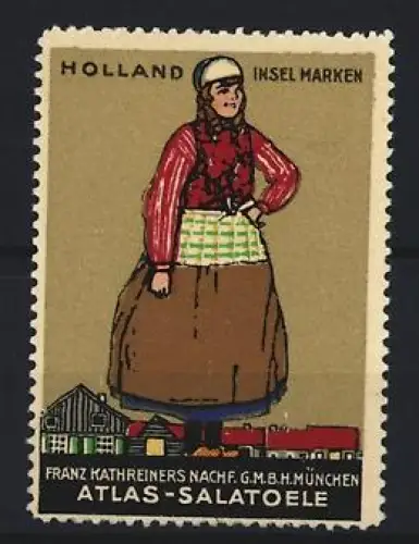 Reklamemarke München, Franz Kathreiners Nachf., Atlas-Salatöle, Frau in Tracht